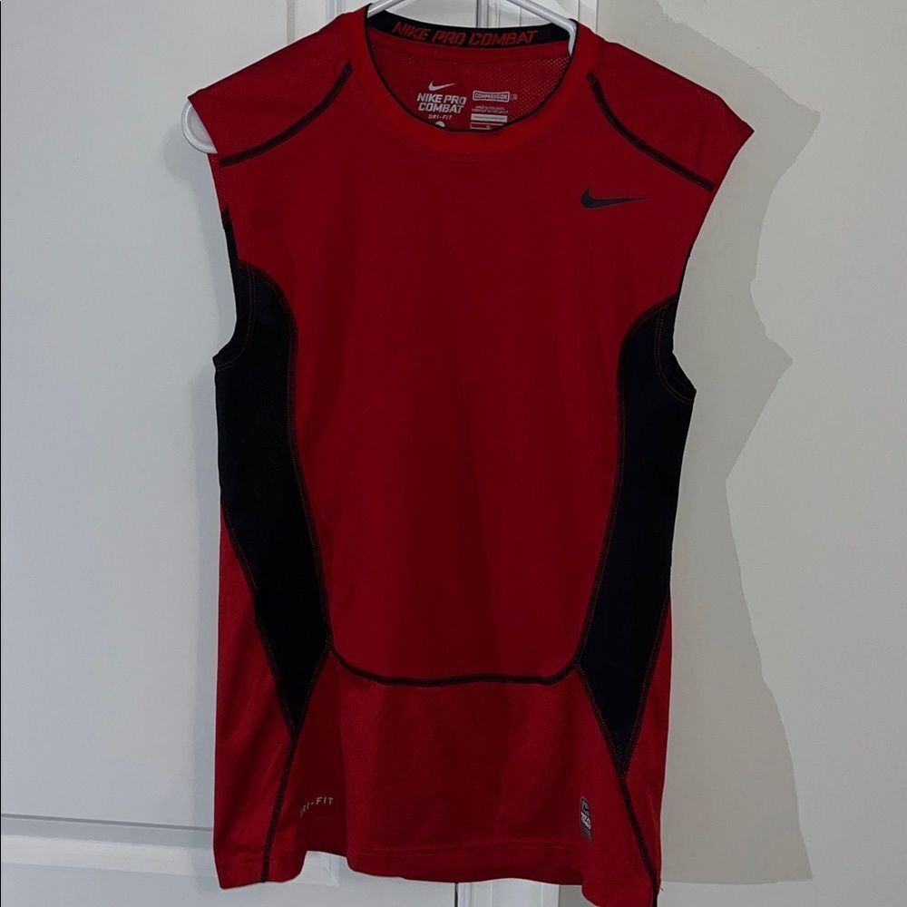 Nike Pro Combat Red Black mens “fitted” stretch compression Tank T shirt L